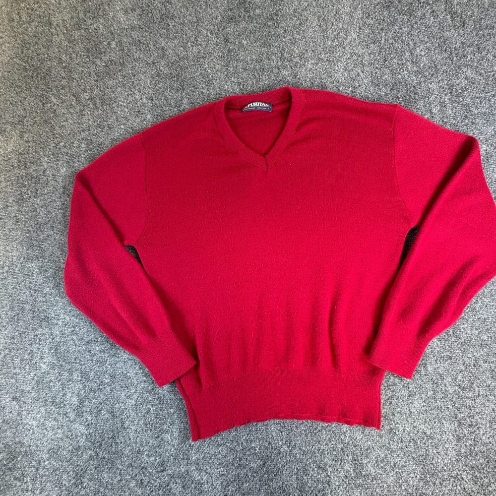 Vintage Puritan Sweater Mens Large Red Tight Knit V Neck Long Sleeve Pullover